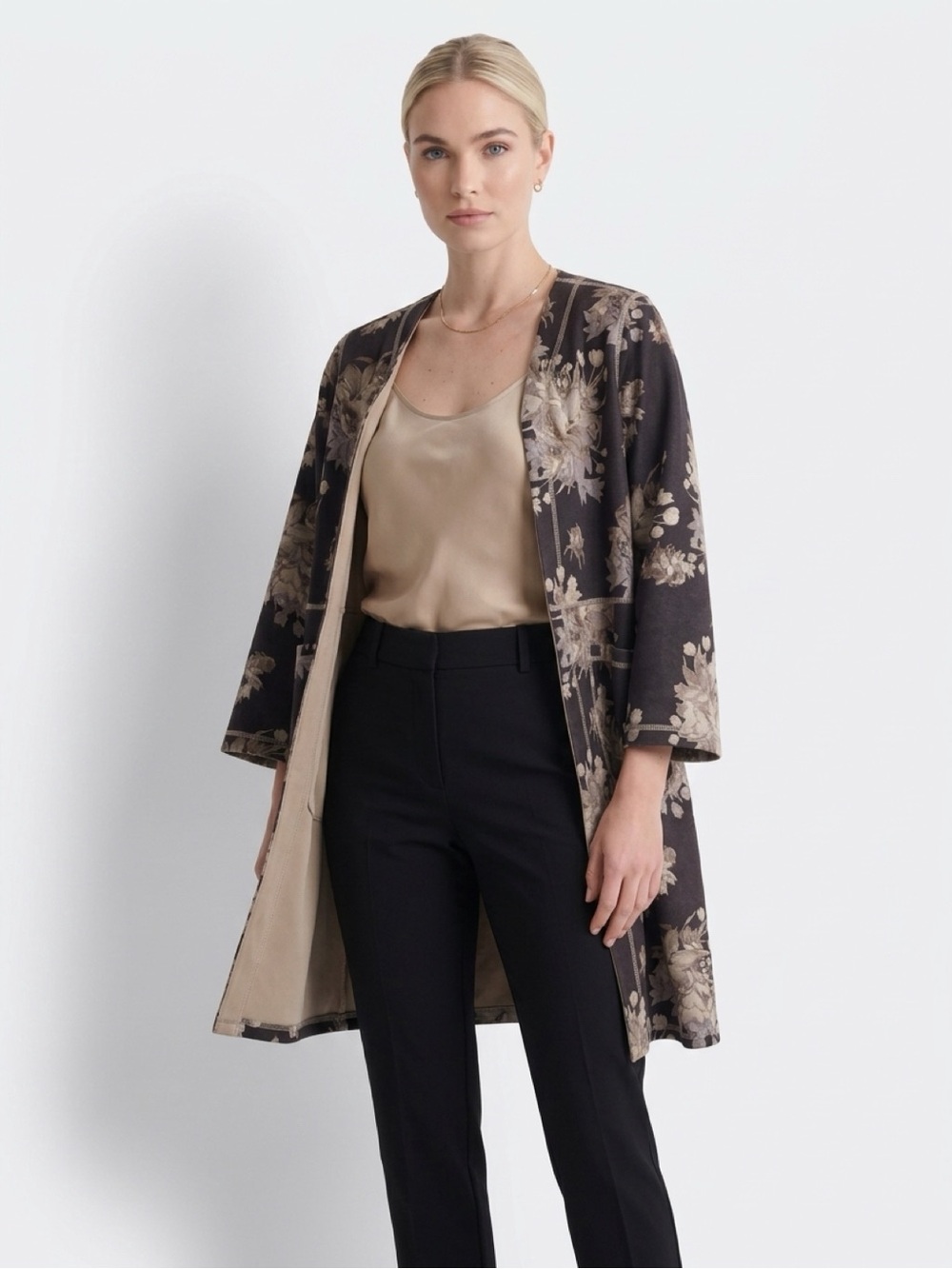 Chelsea & Theodore Black Floral Jacquard Open-Front Coat